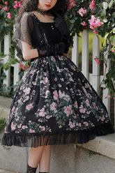 Black Elegant Vintage French Rose Print Square Collar Ruffled Classic Lolita OP Dress